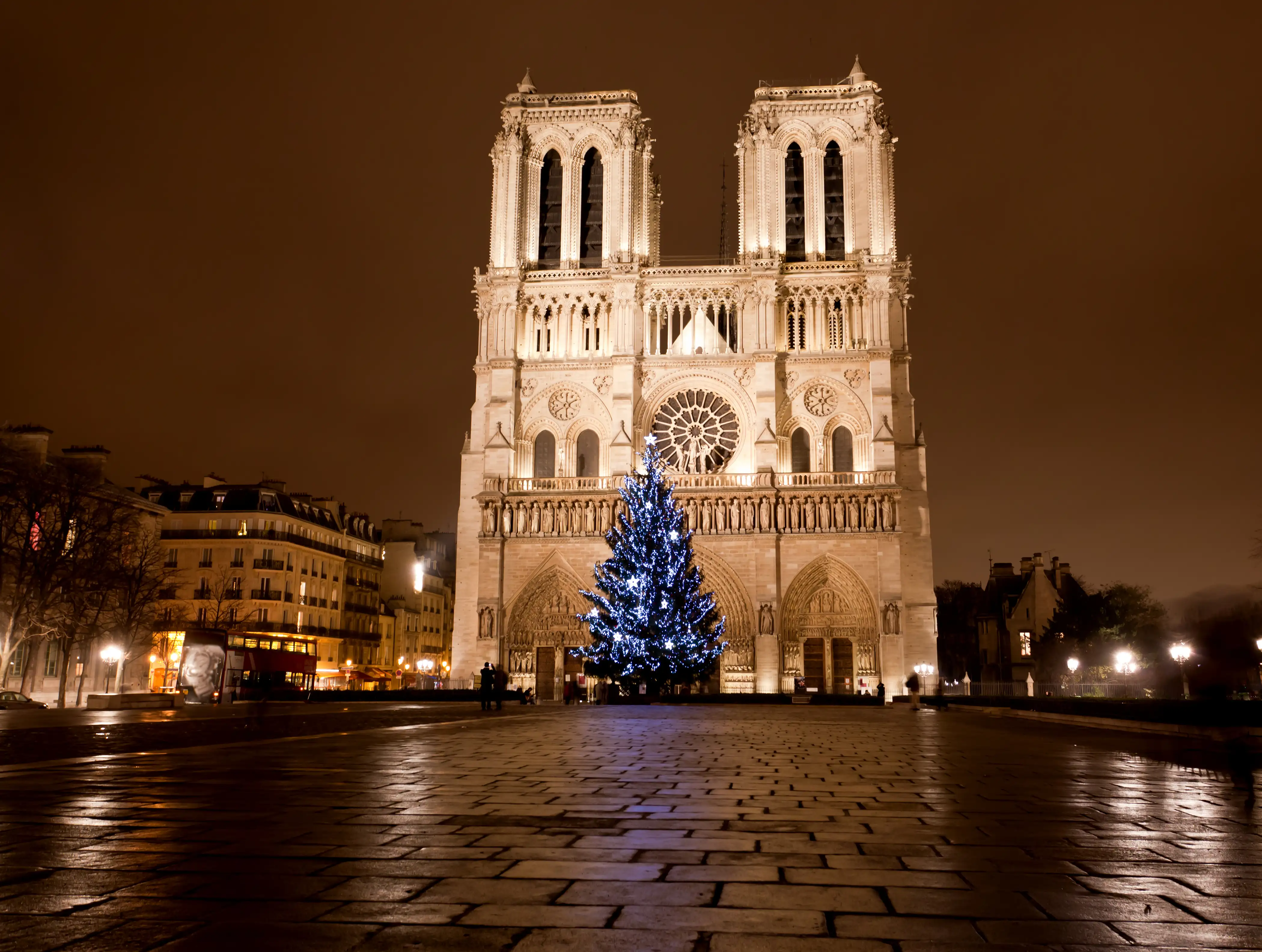 Night view of Notre Dame cathedral in Paris at Christmas