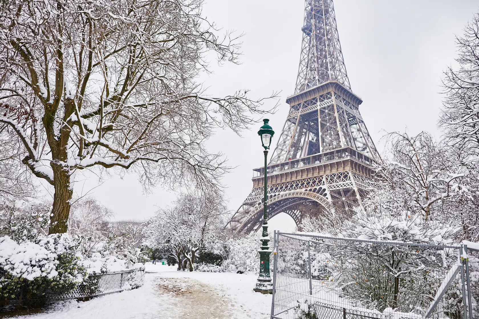 The Eiffel Tower and park with a fresh dusting of snow