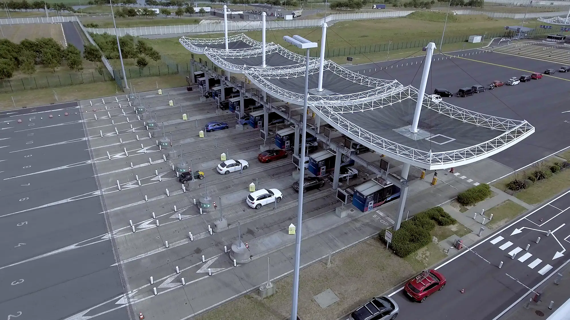 Birds eye view of Eurotunnel terminal check in in Calais