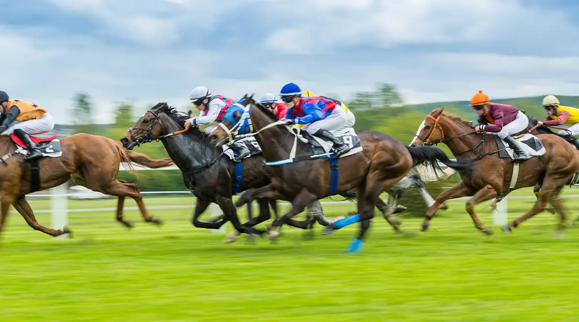 razendsnel voorbijdenderende renpaarden met jockeys