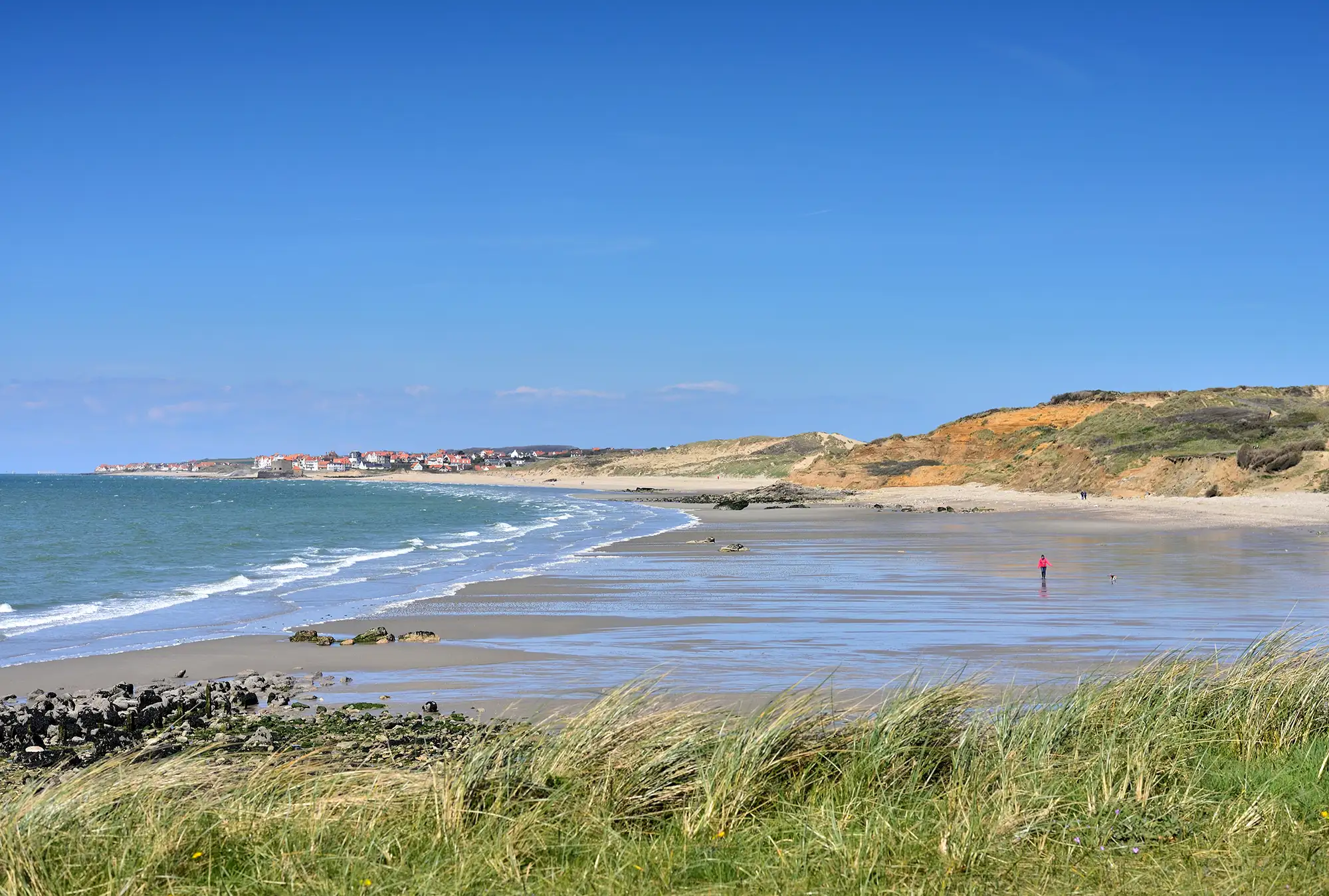 Waves washing on a sandy shore, next to long grass and a small seaside town in the background