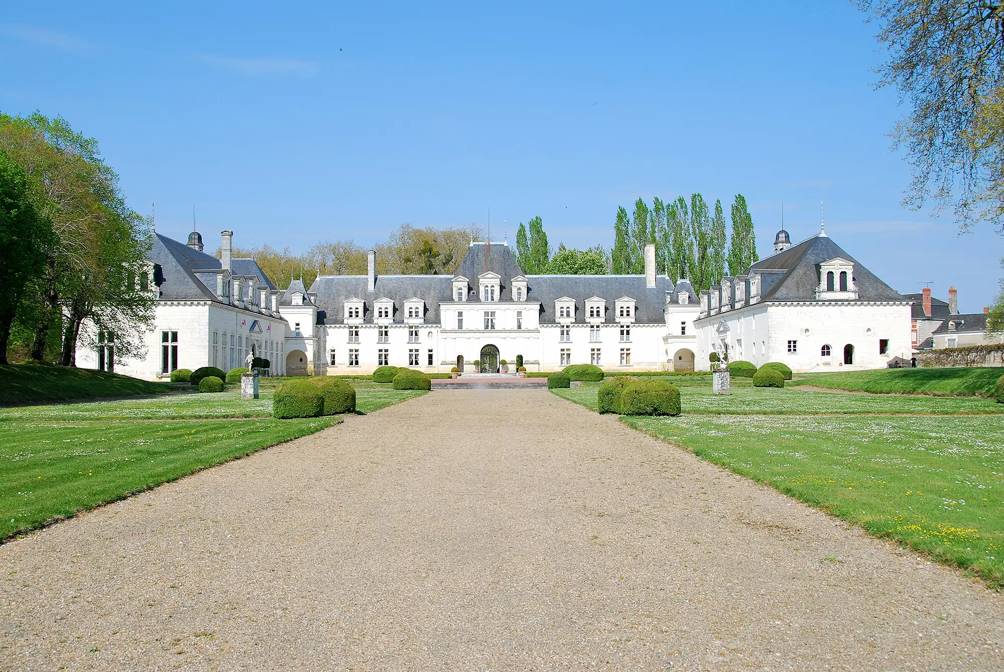 Long stone path with trimmed green hedges either side leads to a fountain in front of a large white French chateaux