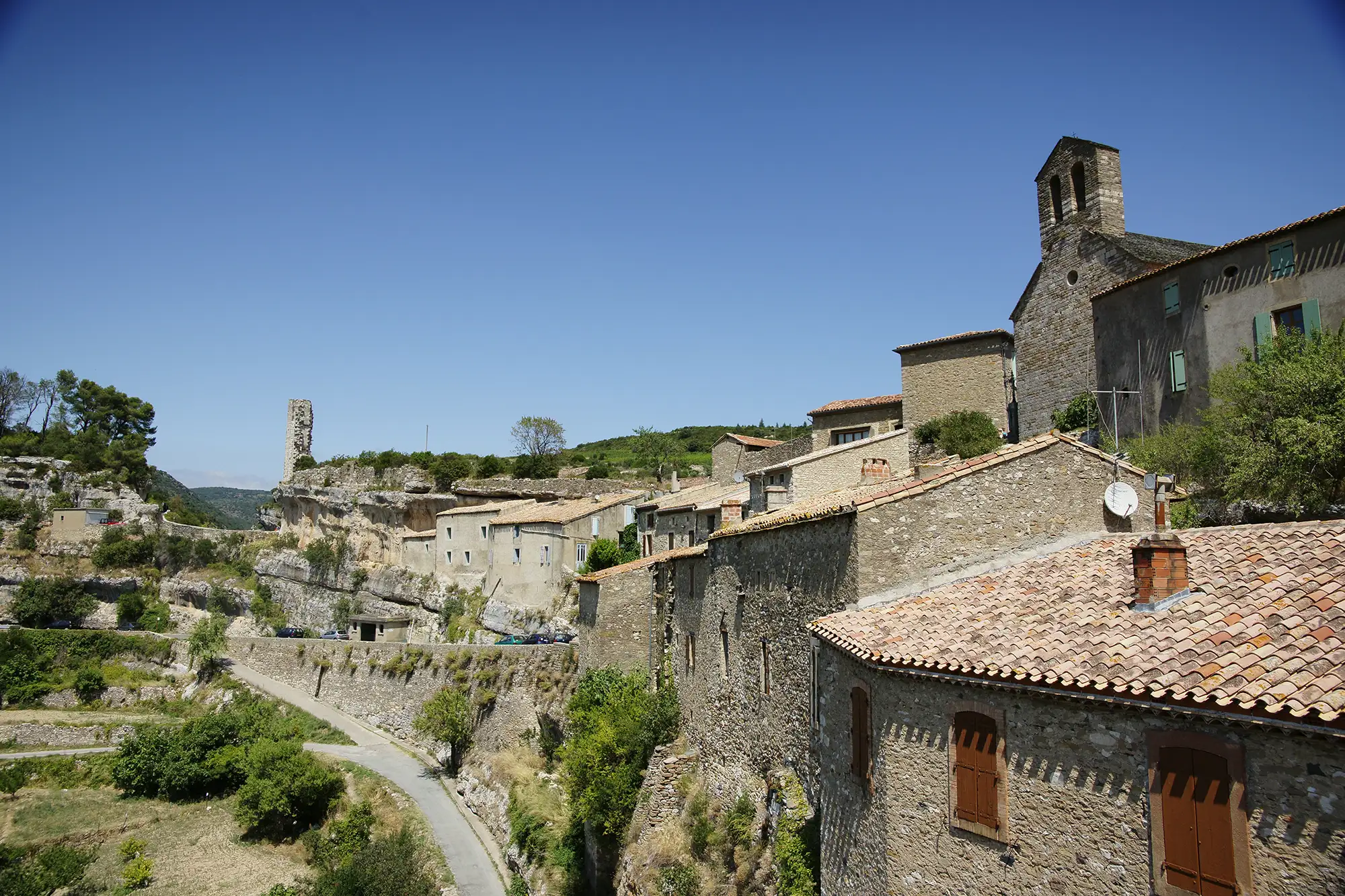 Rural village of cottages made out of stone with tile roofs in France