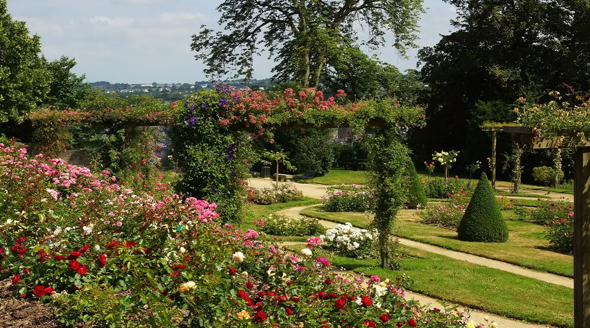 Beautiful garden filled with flowers trimmed shaped bushes and trees