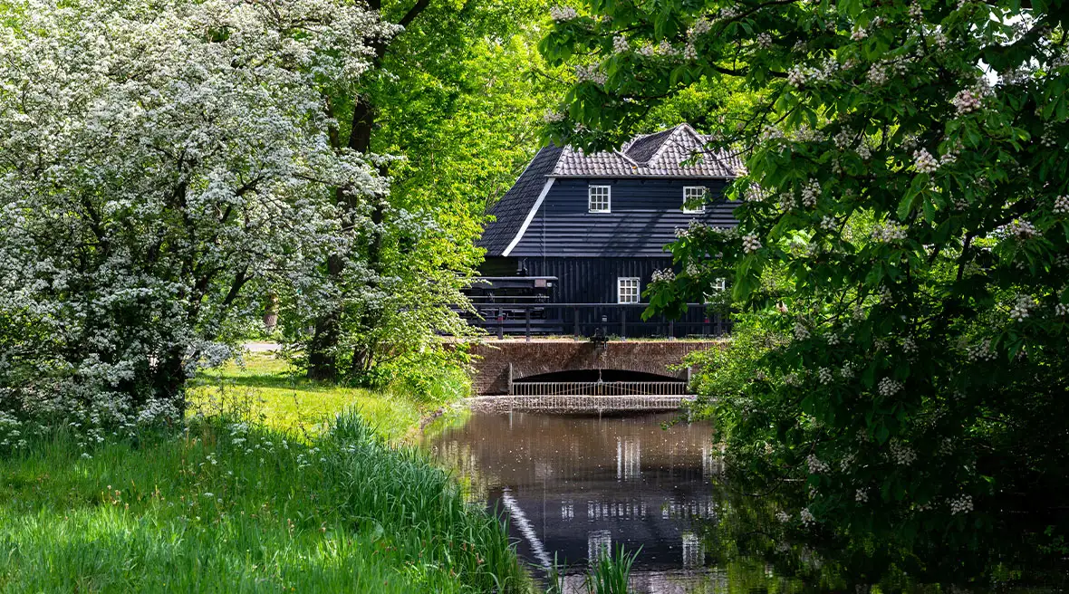 A black boarded mill building seen in the distance looking out over a river or canal with trees either side of the water