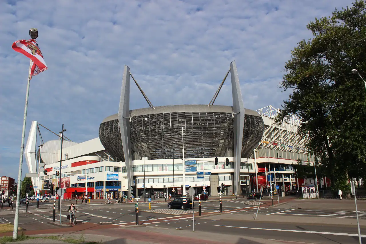 Exterior of PSV Eindhoven football stadium with roads around it